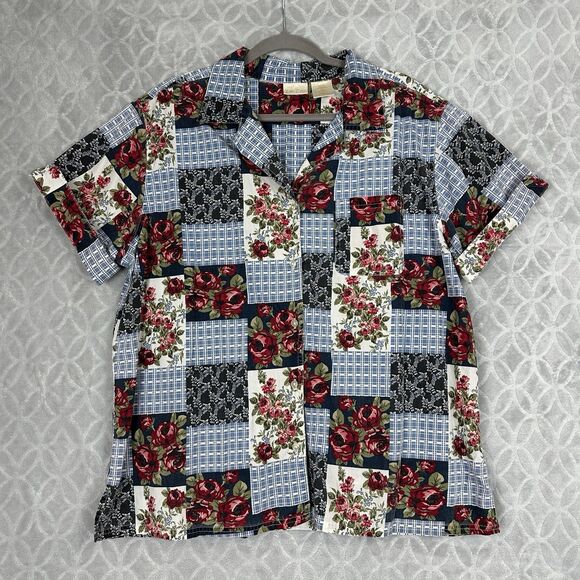 Vintage Tops - Vtg Patchwork Camp Shirt Women 18/20W Floral Button Up Cottagecore Granny Preppy
